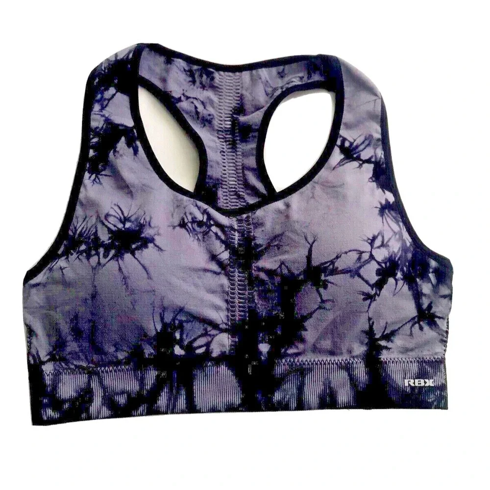 RBX Active Seamless Tie‑Dye Racerback Sports Bra Gray Black Size‎ M